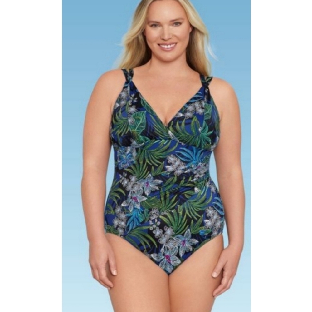 Dreamsuit by Miracle Brand Slimming Control Shirred Double Strap One Piece